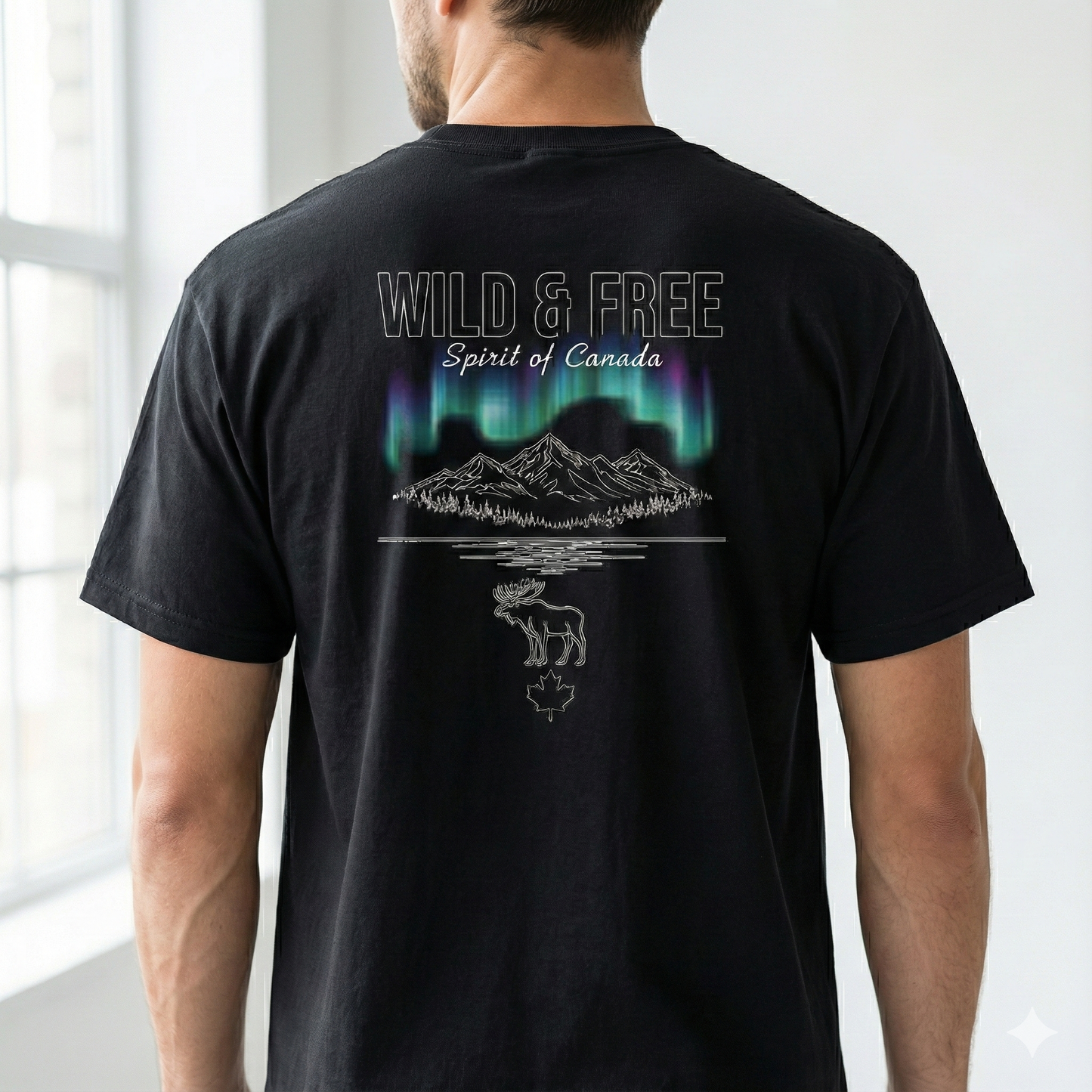 Wild & Free - Spirit of Canada T-Shirt | Northern Lights, Mountains & Moose Graphic Tee