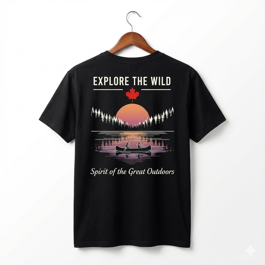 Explore The Wild - Spirit of the Great Outdoors T-Shirt | Canoe & Sunset Graphic Tee