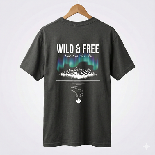 Wild & Free - Spirit of Canada T-Shirt | Northern Lights, Mountains & Moose Graphic Tee