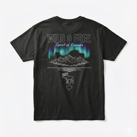 Wild & Free - Spirit of Canada T-Shirt | Northern Lights, Mountains & Moose Graphic Tee